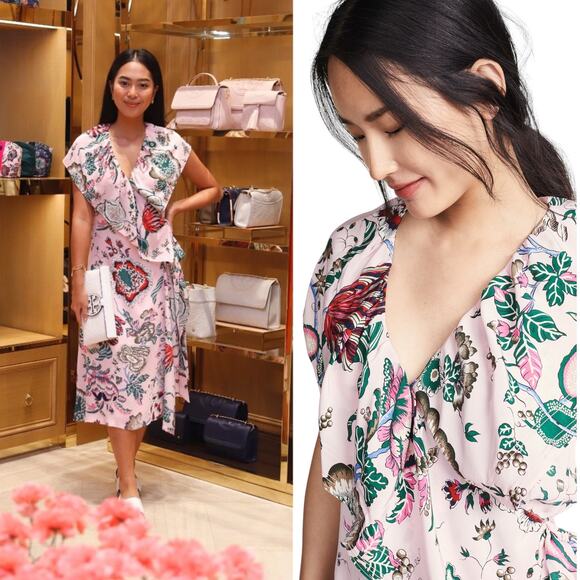 Tory Burch Adelia Floral Printed Wrap Midi Dress Pink Size 2 - Picture 14 of 15